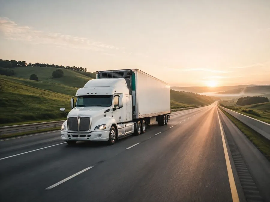 Refrigerated semi truck on an open highway at dawn