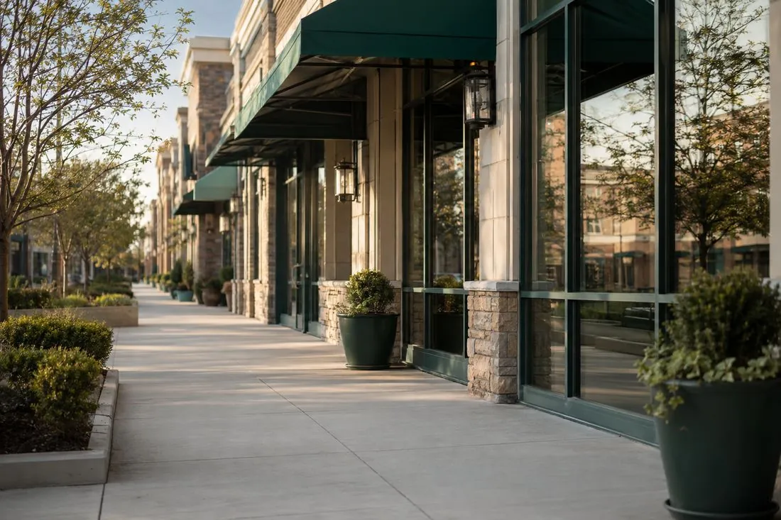 Well-kept retail center walkway